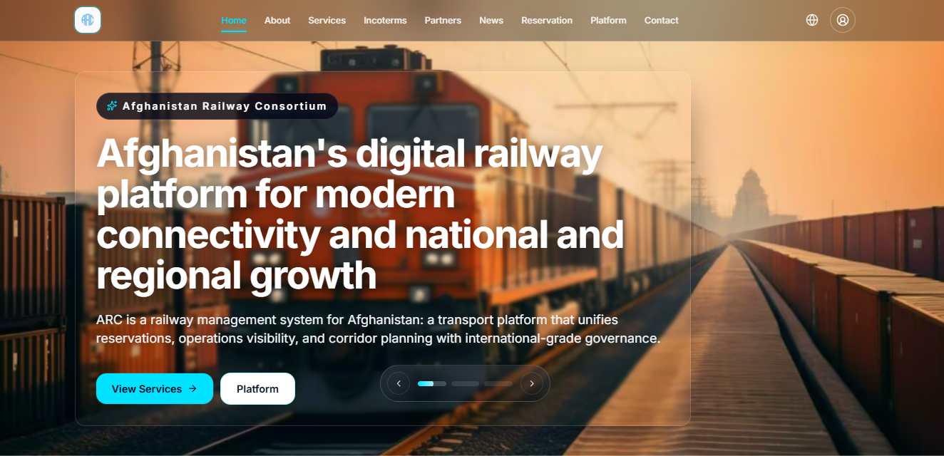 Aprcrail homepage featuring a train and railway platform introduction