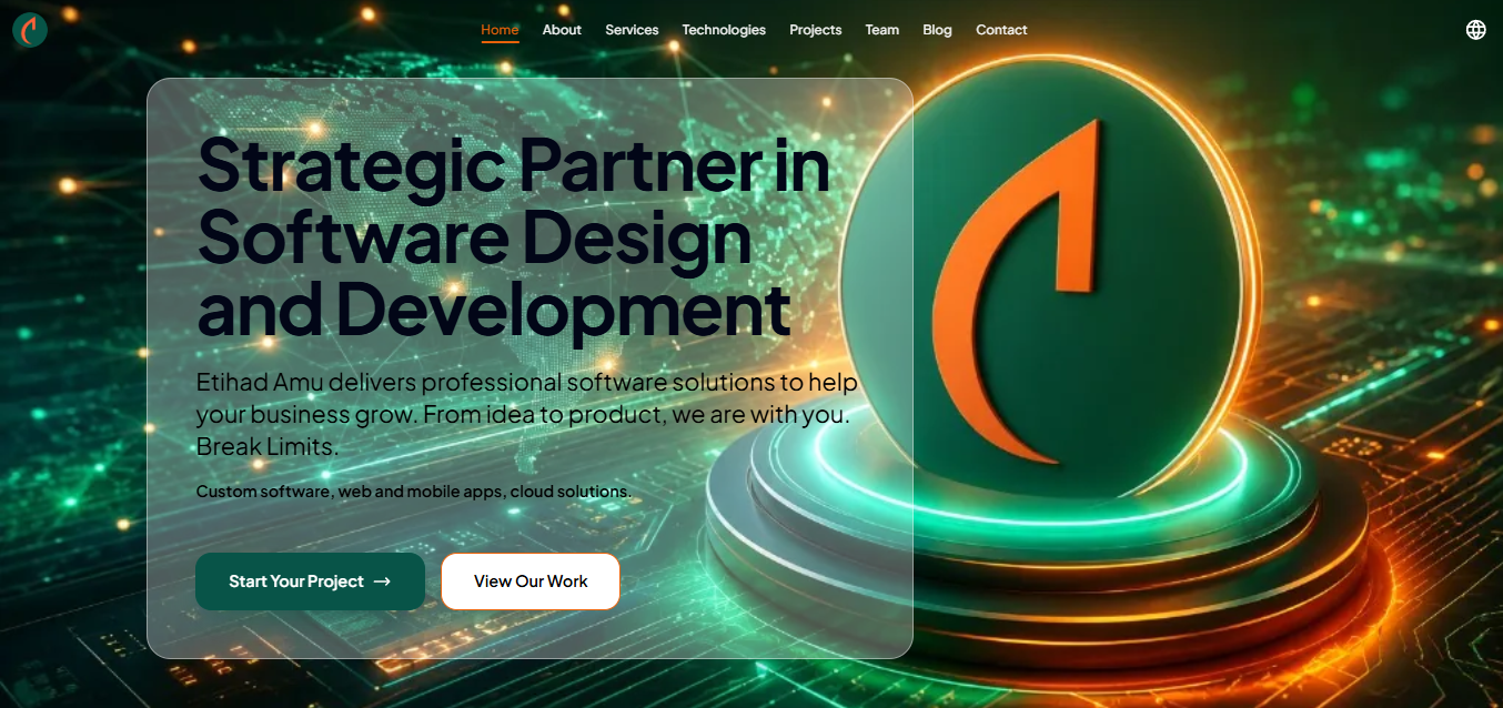 EtihadAmu homepage featuring software services and its orange logo