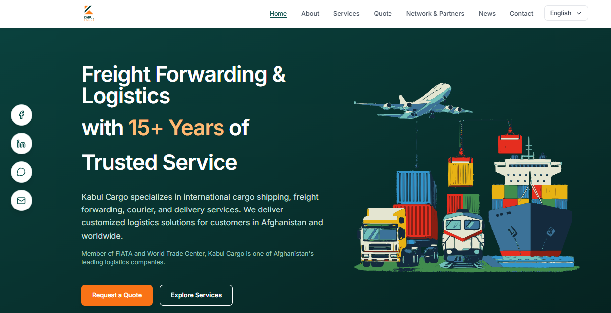 KabulCargo homepage featuring freight services and transport illustrations